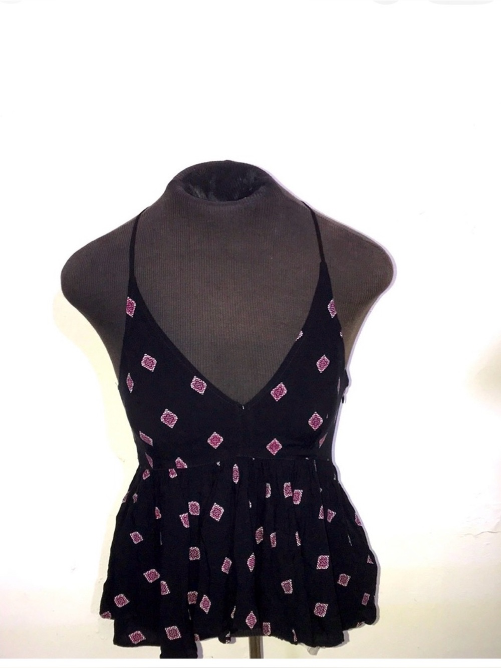 Express Black Spaghetti-Strap Peplum Mini with Pink Diamond Print
